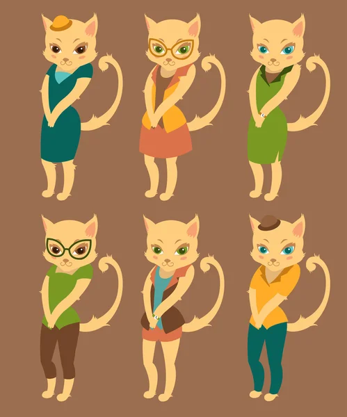 Juego de dibujos animados de lindos gatos en ropa de estilo retro — Vector de stock