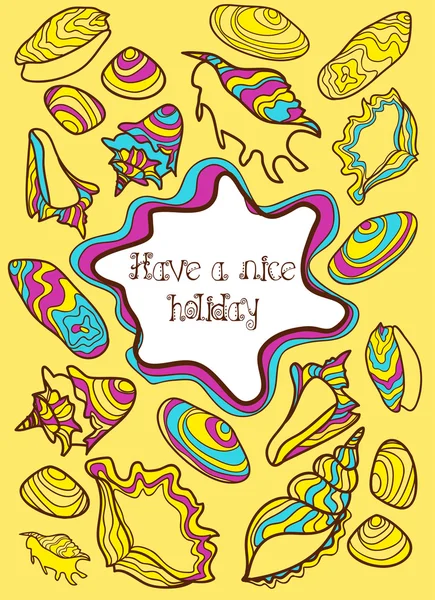 Cartão postal colorido desenhado à mão com conchas — Vetor de Stock