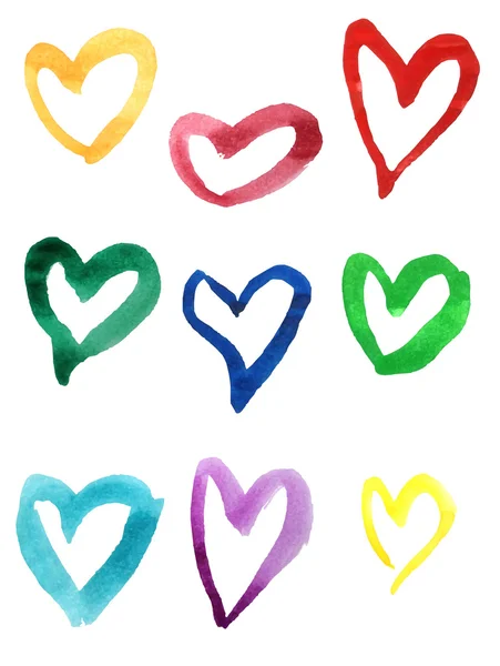 Set of colorful hand drawn watercolor hearts — Stock Vector