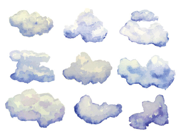 Vector set of watercolor clouds isolated on white