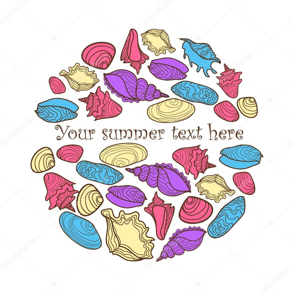 Vector hand drawn colorful background with seashells and place fo text