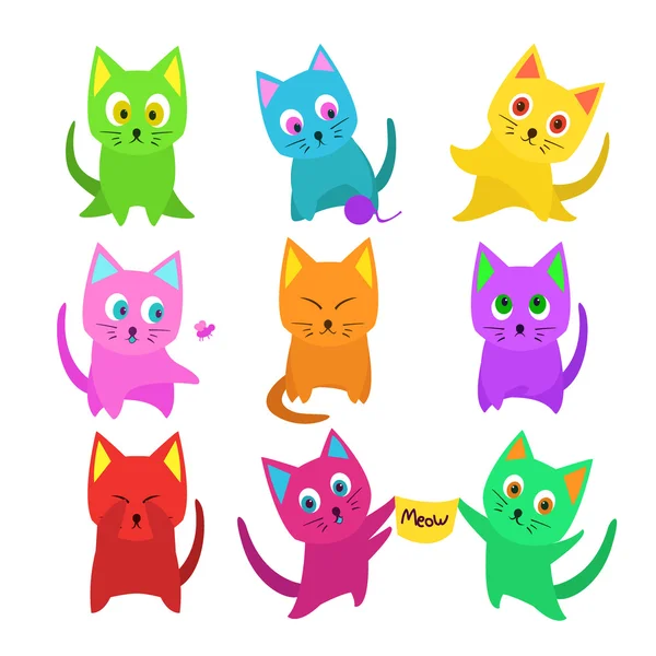 Ensemble vectoriel de drôles de chats de dessin animé dans des couleurs inhabituelles — Image vectorielle