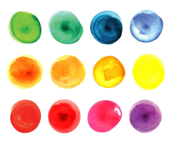 Ensemble de cercles d'aquarelle en couleurs vives. Teintures humides aquarelle isolées sur blanc . — Image vectorielle