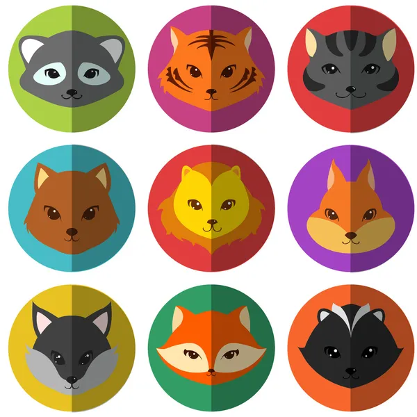 Vector set of colorful cartoon animals flat icons — Stock Vector