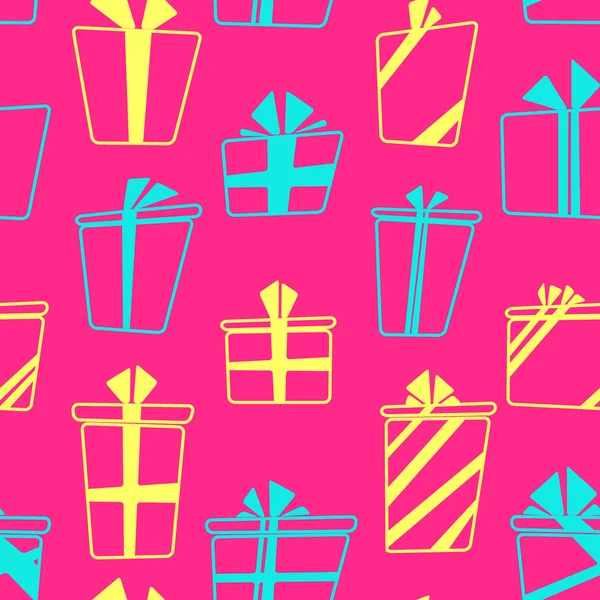 Modèle sans couture vectoriel avec des boîtes de cadeaux de style dessin animé plat — Image vectorielle