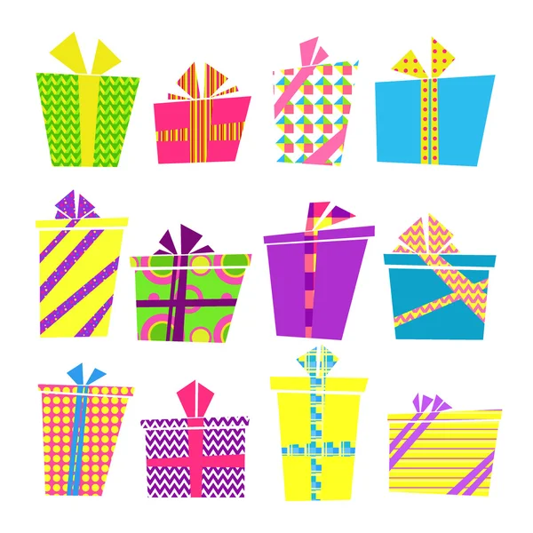 Set vettoriale di scatole regalo colorate in stile cartone animato con nastri e fiocchi — Vettoriale Stock