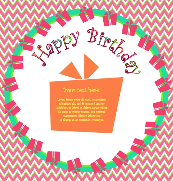 Biglietto di compleanno colorato vettoriale con scatole regalo in cerchio e spina di pesce sullo sfondo — Vettoriale Stock