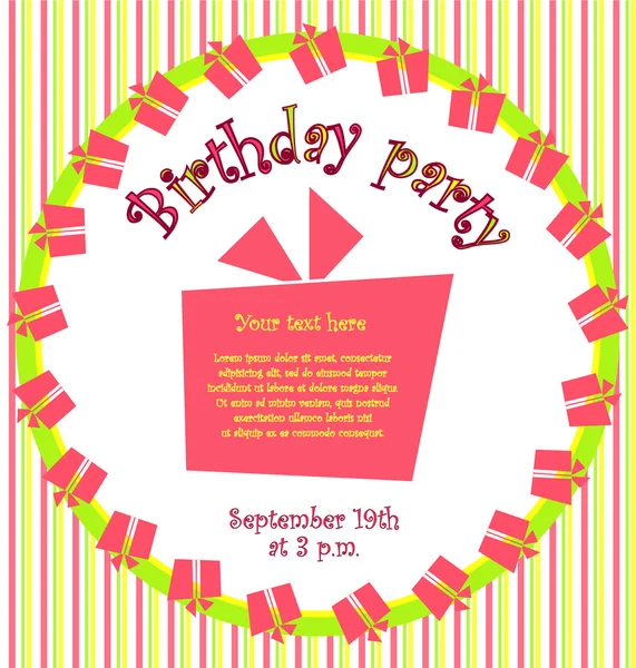 Vektor bunte Geburtstagseinladungskarte mit Geschenkschachteln im Kreis und Streifen auf Hintergrund — Stockvektor