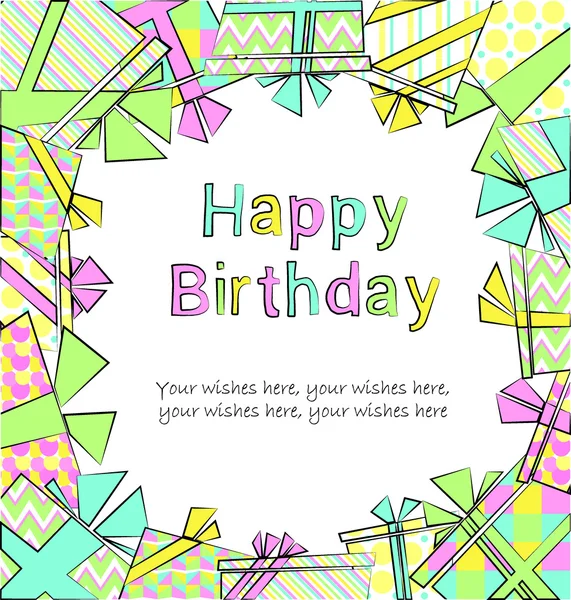 Vector tarjeta de cumpleaños de colores con cajas de regalo en diferentes envolturas en el fondo — Vector de stock