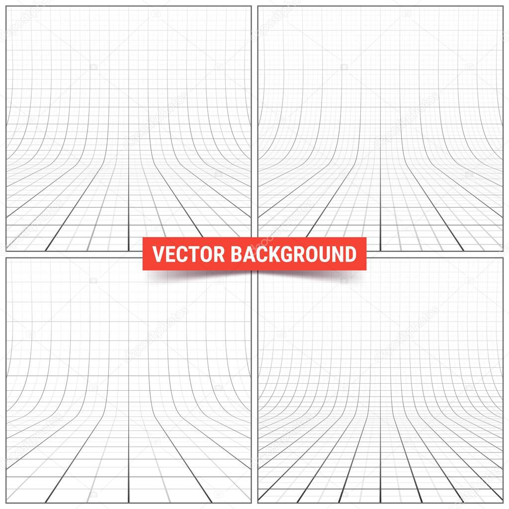 Set of studio backdrops with mesh. Curved perspective grid with major and minor lines. Vector illustration
