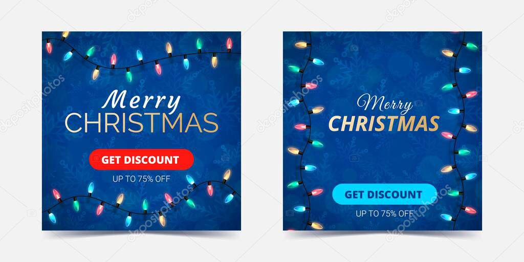 Set of square christmas web banners for social media. Blurred blue background with snowflakes and bokeh. Vector illustration