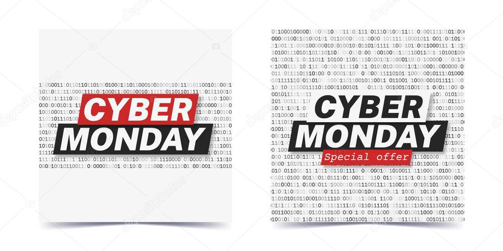 Set of square Cyber Monday promotion banners for social media. White background with binary code pattern and text composition. Layout for social media post, blog or advertising. Vector illustration