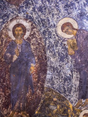 Vardzia, Gürcistan - 23 Mart 2014: fresk dormition vardzia yılında 12. yüzyılda kilise cave city-manastır Gürcistan, Kafkasya