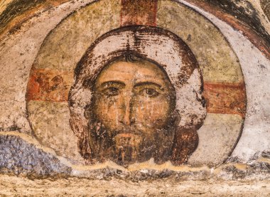 Vardzia, Gürcistan - 23 Mart 2014: İsa Mesih, ortakulak 12. yüzyıl Kilisesi dormition vardzia cave city-manastırda Gürcistan, Kafkasya'nın kapısı üzerinde