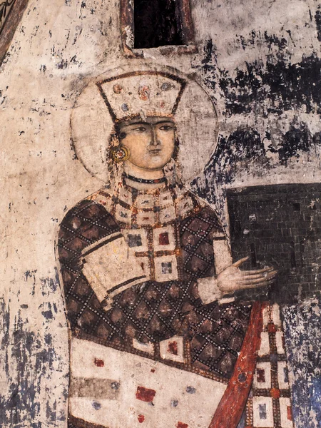 VARDZIA, GEORGIA - MARCH 23, 2014: Queen Tamar on frescos in the built in the 12th century Church of Dormition in Vardzia cave city-monastery in Georgia, Caucasus — Stock Photo, Image