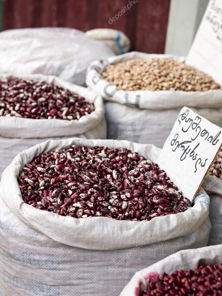 Different types of beans sold on a food market in Georgia