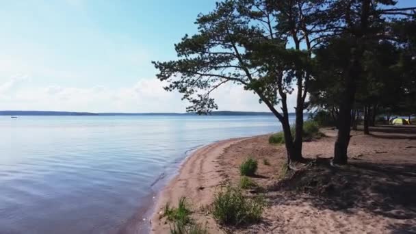 Lago Rio Mar Costa Areia Dourada Dia Ensolarado Drone Voando — Vídeo de Stock