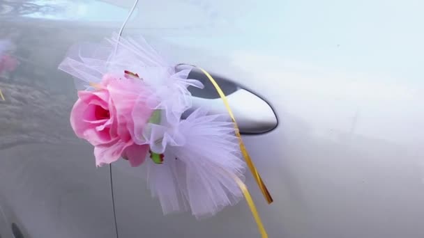 Wedding Pink Rose White Cloth Golden Rope Hanging Handle Car — Stock Video