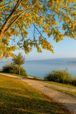 Güzel Constance Gölü 'nde sonbahar tatili mavi gökyüzü ve güneşli