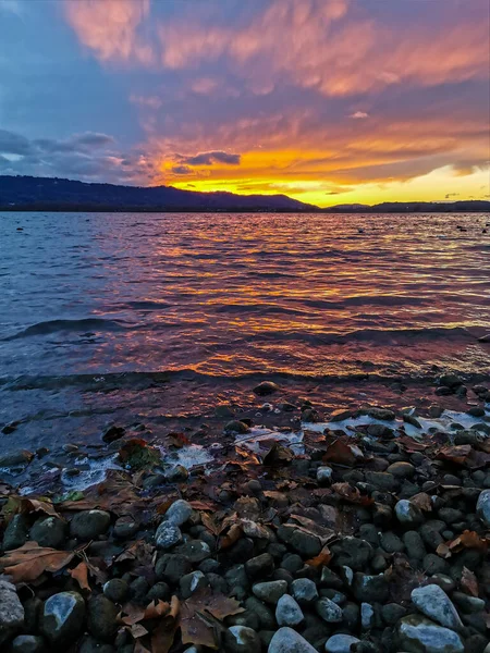 Západ Slunce Podzim Bodamské Jezero Kameny Břehu Jezera — Stock fotografie