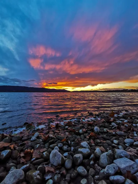 Coucher Soleil Automne Lac Constance Avec Des Pierres Sur Bord — Photo