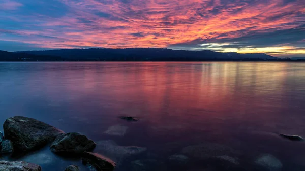 Beautiful Lakeshore Lake Constance Sunset Red Clouds — Stock Photo, Image