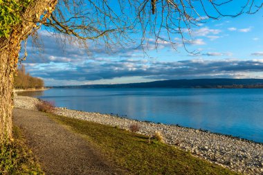 Harika bir bahar gününde gölün yanında yürümek