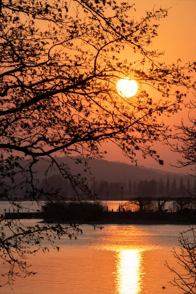 美しい湖のコンスタンスに大きな太陽Radolfzellと日没 — ストック写真