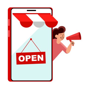 Akıllı telefonun bir dükkan olarak açıldığı ve dükkan sahibinin reklam yaptığı bir resim.