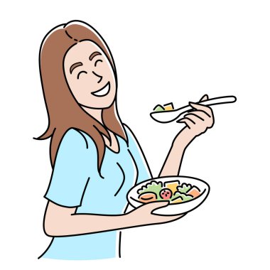 Sebze salatası yiyen genç bir kadın, sağlıklı beslenme illüstrasyonu