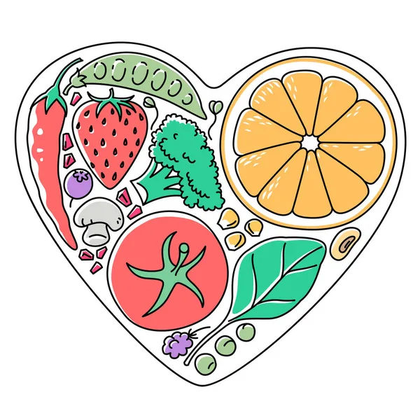 Drawing Fruits Vegetables Together Shape Heart — Stock Vector