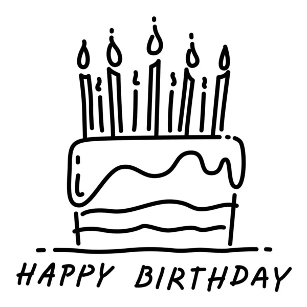 Hand Drawing Happy Birthday Cake Black Line Doodle White Background — стоковый вектор