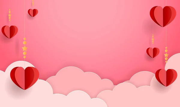 Happy Valentines Day Greeting Background Papercut Realistic Style Paper Clouds — стоковый вектор