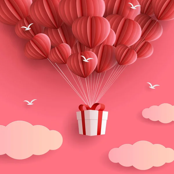 Ilustração Amor Dia Dos Namorados Com Balão Coração Presente Nuvens — Vetor de Stock