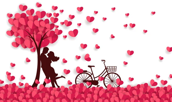 情侣们拥抱着一片片纸心 并有一辆自行车 — 图库矢量图片