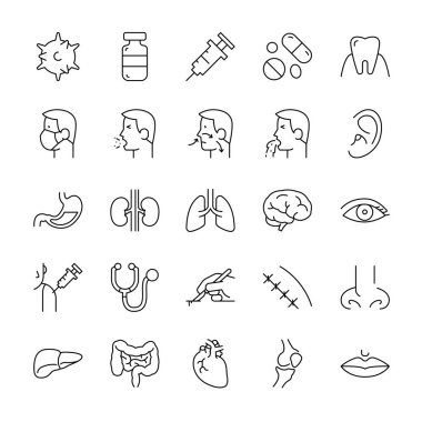 Tıbbi simge ve vücut parçaları basit tasarım, beyaz arkaplanda siyah çizgiler