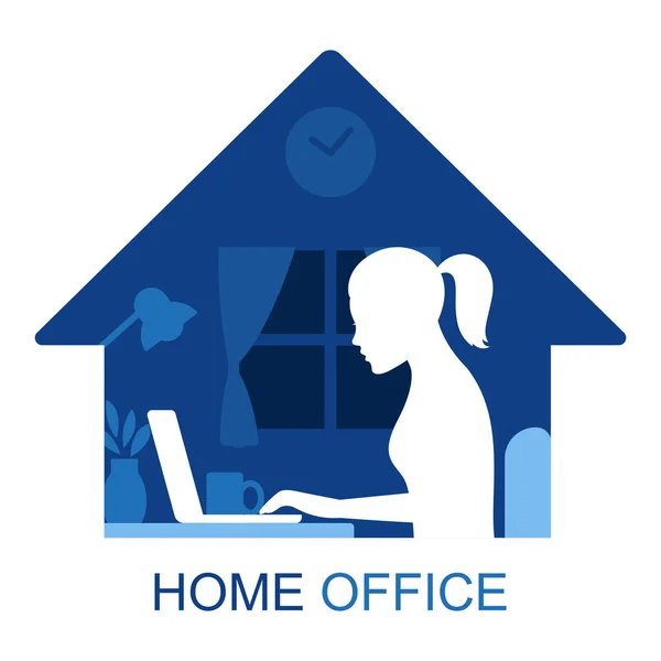 Símbolo Oficina Tonos Azules Ilustración Mujer Que Trabaja Dentro Casa — Vector de stock