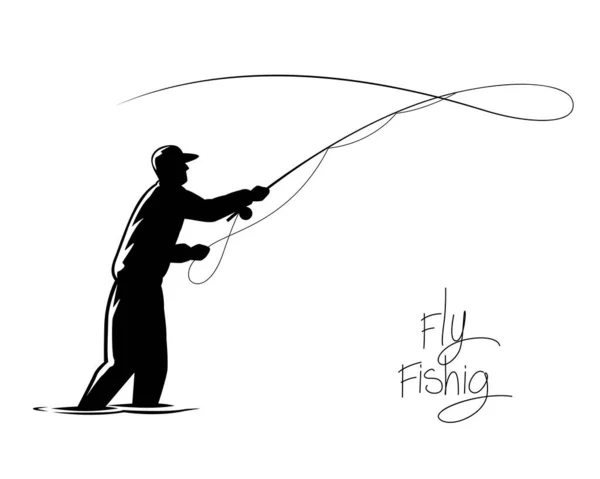 Silhouette Fisherman Throw Hook Drawing Man Doing Fly Fishing Activity — Stock Vector