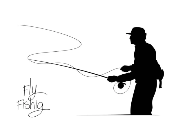 Silhouette Pêcheur Lancer Crochet Dessin Homme Faisant Activité Pêche Mouche — Image vectorielle