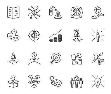 Yenilik simgeleri, Yaratıcılık Simgeleri, beyaz arkaplanda siyah çizgileri olan basit tasarım simgesi.