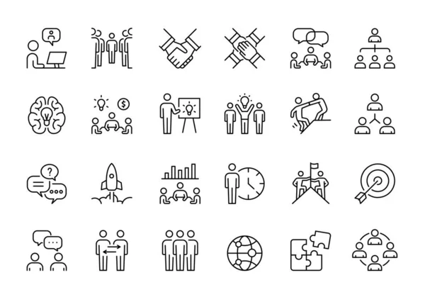 Basit tasarım iş simgesi seti, beyaz arkaplanda siyah ince çizgi pictogram