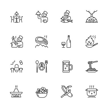 Bir dizi doğrusal restoran ikonu. basit tasarım yiyecek simgeleri