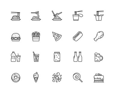 Bir dizi doğrusal restoran ikonu. basit tasarım yiyecek simgeleri