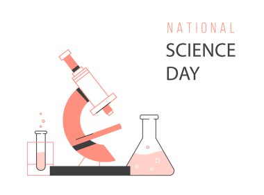 Mikroskop, matara ve test tüplü Ulusal Bilim Günü posteri.