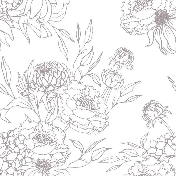 Seamless pattern with outlined flowers and leaves, peony, dahlia.