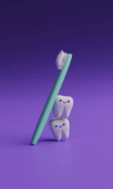 Cute cartoon 3D tooth and toothbrush render