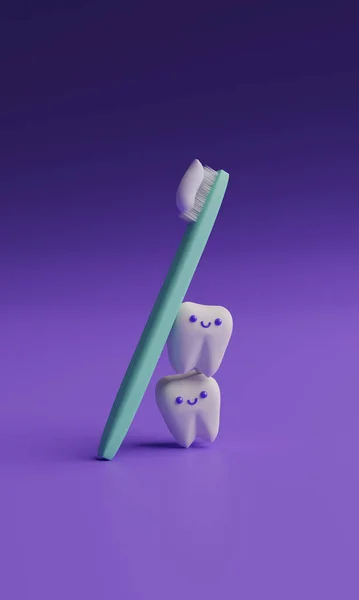 Cute Cartoon Tooth Toothbrush Render — Stockfoto