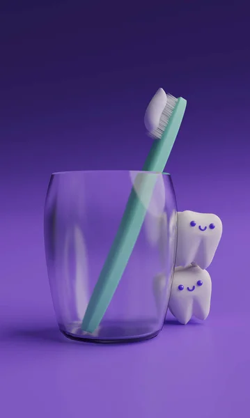 Cute Cartoon Tooth Toothbrush Glass Render — Stock Photo, Image