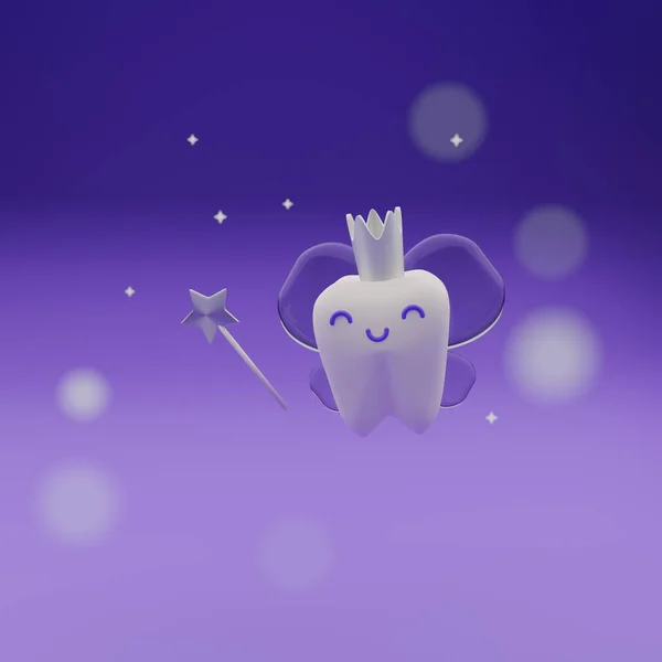 Cute cartoon tooth fairy character 3d render illustration, fantasy night sky