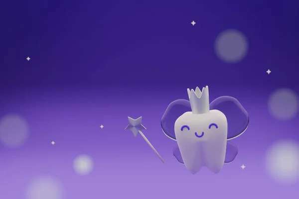 Cute cartoon tooth fairy character 3d render illustration, fantasy night sky